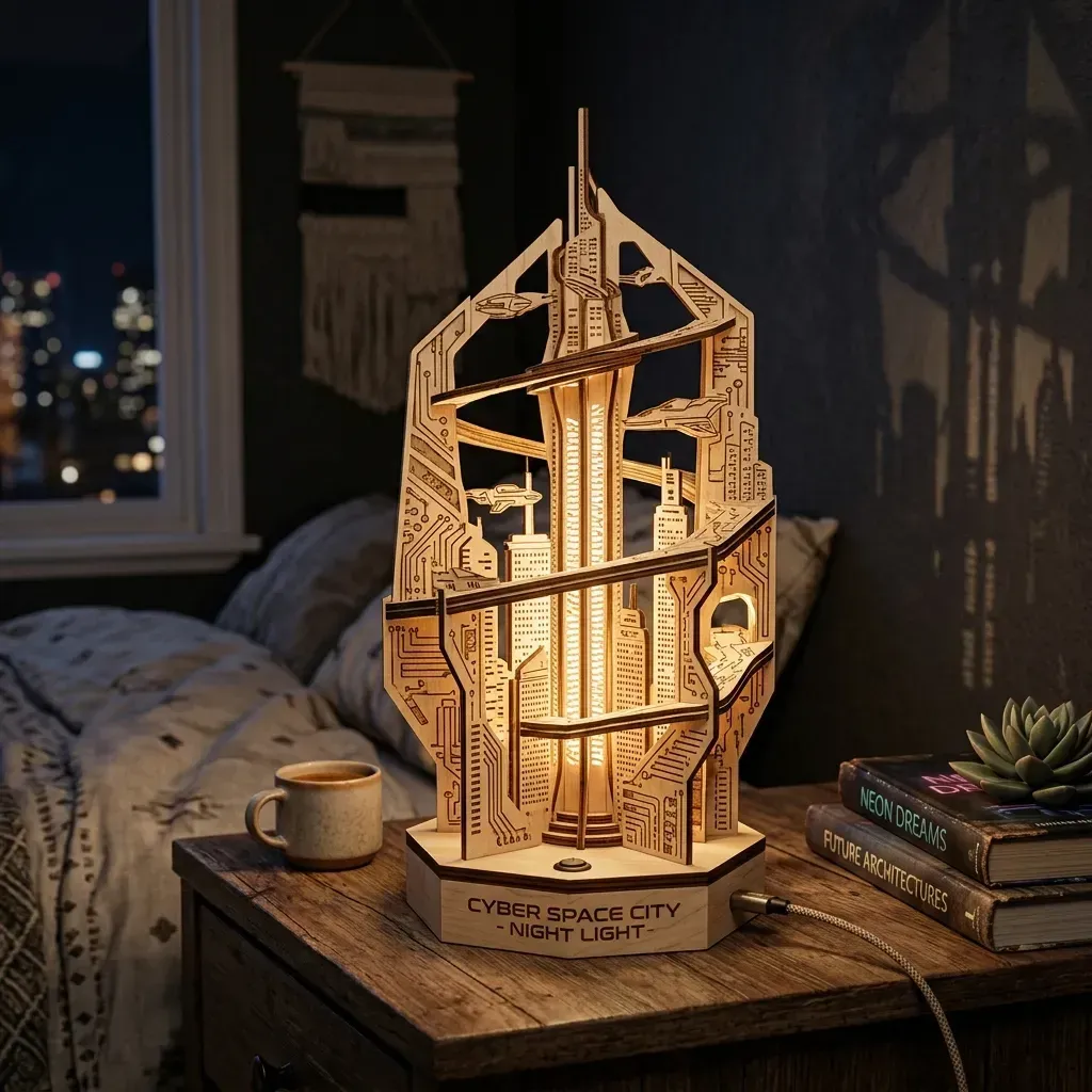 Wooden Night Light Cyber Space City Home Decor