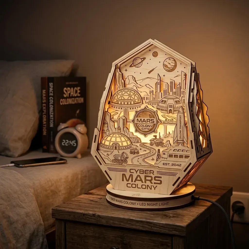Wooden Night Light Mars Colony Home Decor