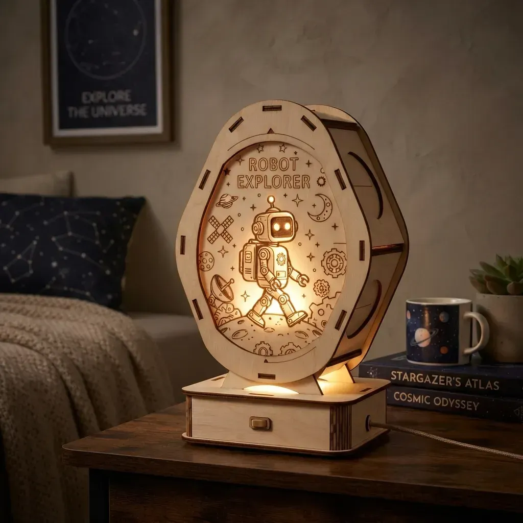 Wooden Night Light Robot Explorer Home Decor