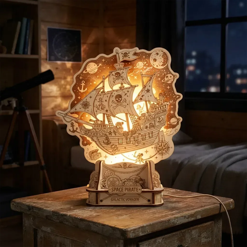 Wooden Night Light Space Pirate Home Decor